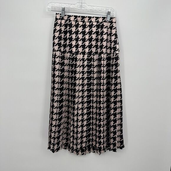 Unbranded Vintage Pink & Black Houndstooth Pleated Midi Skirt Size 8 - Picture 1 of 7